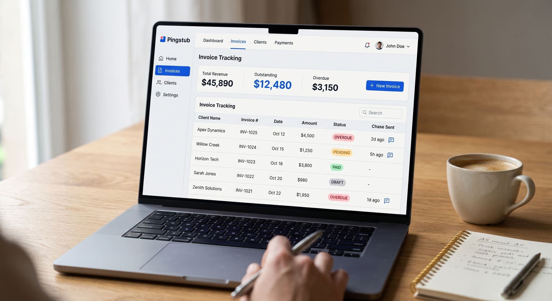The Pingstub invoice tracking dashboard open on a laptop, showing outstanding, overdue and paid invoices